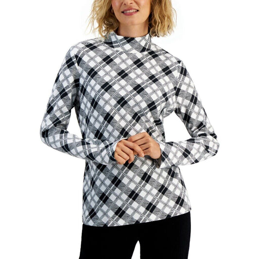 Karen Scott Women's Petite Black & white Plaid Printed Mock Neck Top NWT