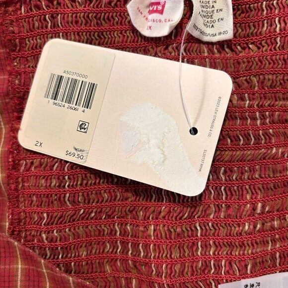 LEVI'S Trendy Plus Size Devin Cotton Red Plaid Ruched Balloon-Sleeve Top NWT