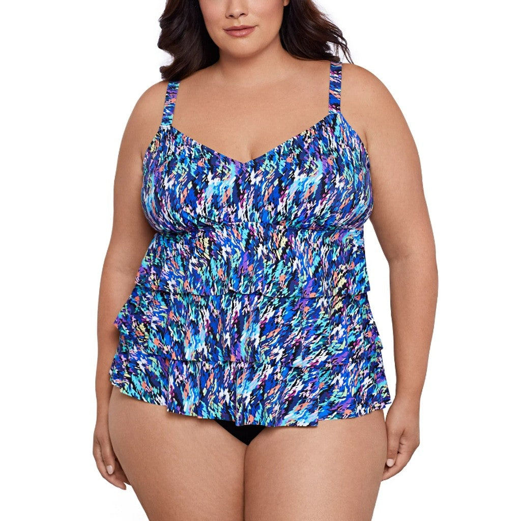 Swim Solutions Women's 24W Plus Size Printed Tiered One-Piece Swimsuit NWT