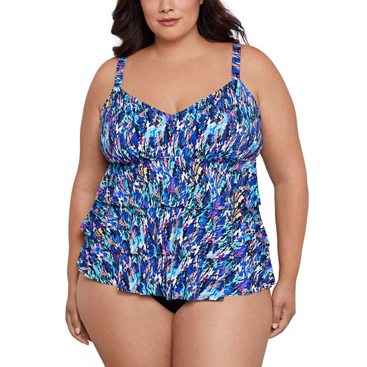 Swim Solutions Women's 24W Plus Size Printed Tiered One-Piece Swimsuit NWT