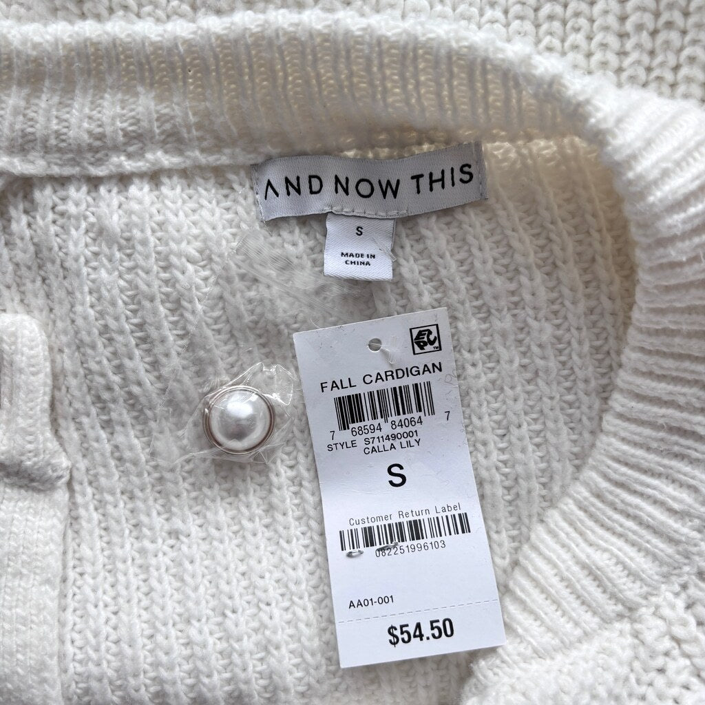 And Now This Women's Small Faux Pearl-Button White Cardigan Sweater NWT