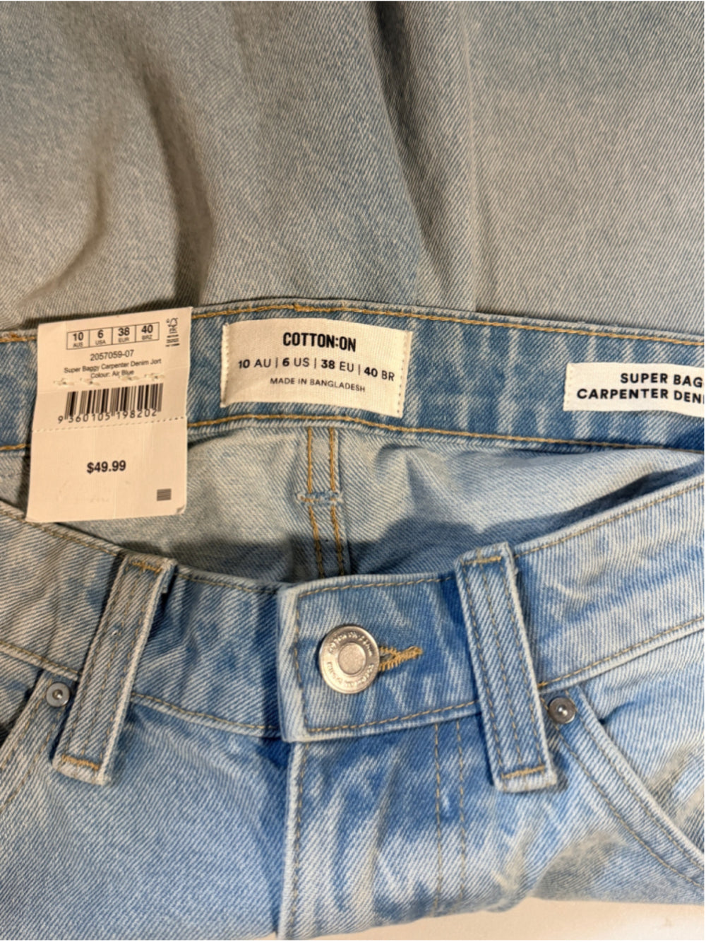 Cotton On Size 10 Light Wash Super Baggy Carpenter Denim Bermuda Shorts NWT
