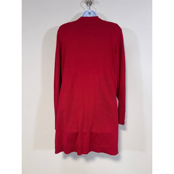 JM Collection Large Red Open Front Long Cardigan Gold Button Sleeve NWT