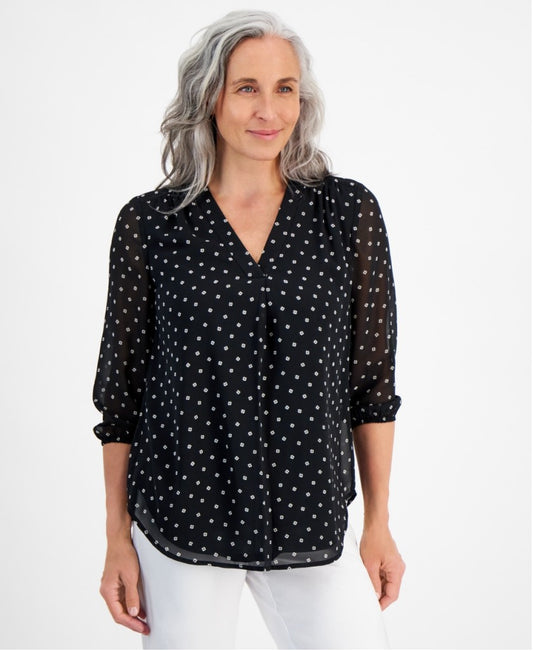 Jones New York Medium Petite Black & White Printed V-Neck 3/4-Sleeves Blouse NWT