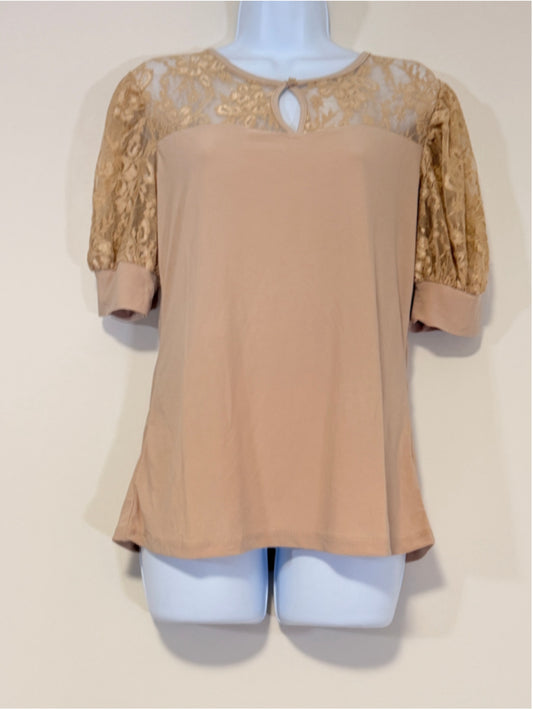 NY Collection Women's Medium Petite Beige Puff Lace Sleeve Top NWT
