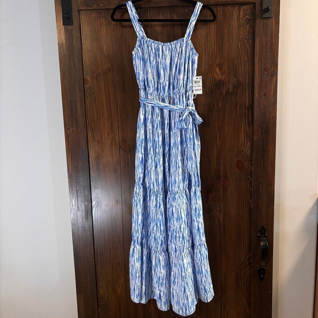I.N.C. International Concepts Petite White & Blue Tiered Belted Dress NWT