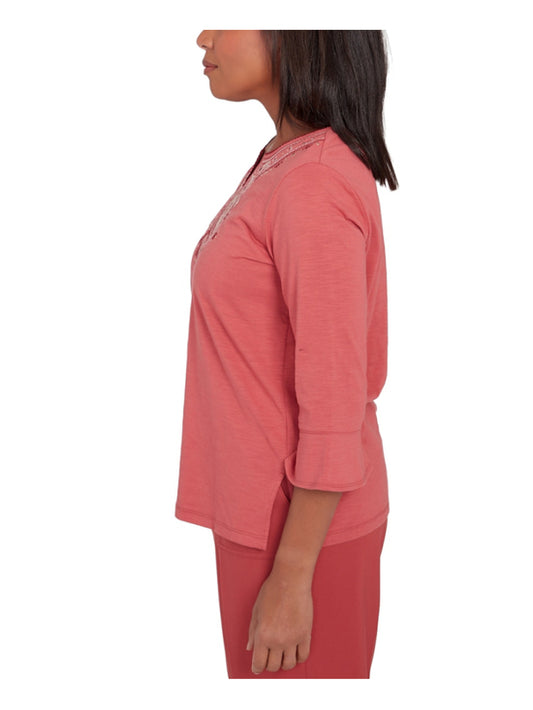 Alfred Dunner Petite Extra Large Red Split Neck Floral Embroidered Top NWT