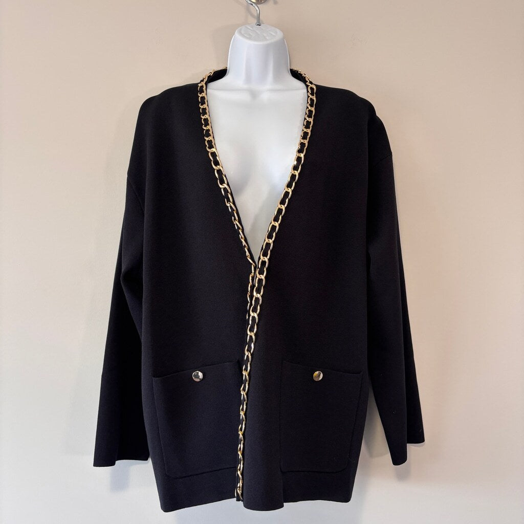 INC International Concepts Plus Size 2X Gold Chain-Trim Black Cardigan NWT
