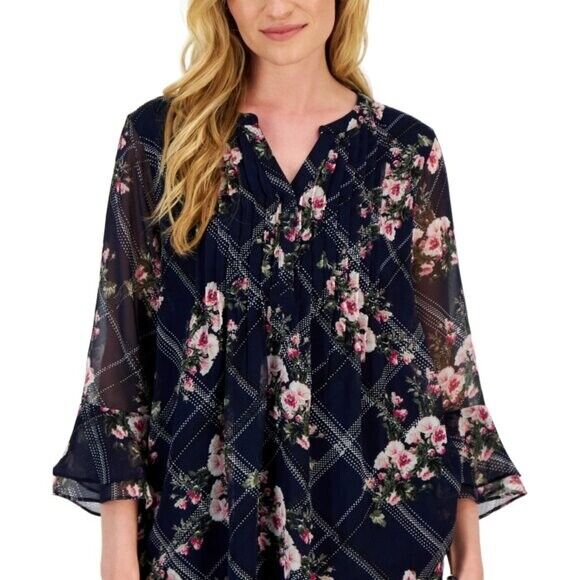 Charter Club Women's Size Small Navy Etching Garden Pink Floral Print Top NWT