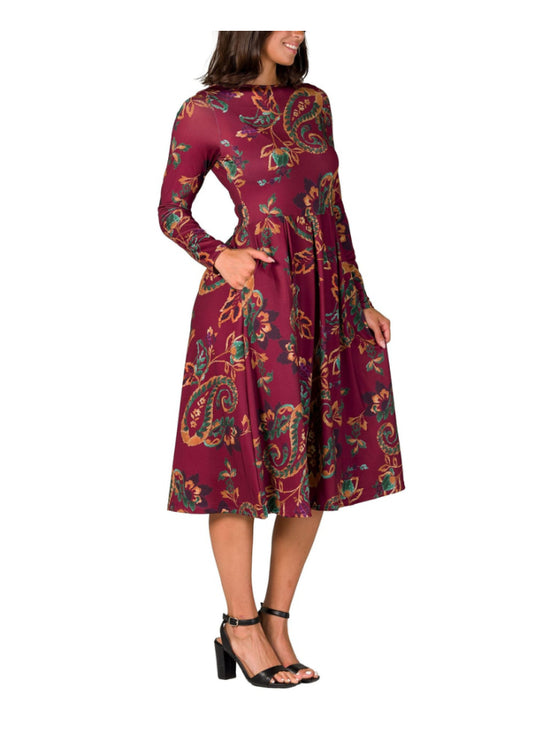 24seven Comfort Apparel XL Wine Paisley Midi Length Long Sleeve Pocket Dress NWT