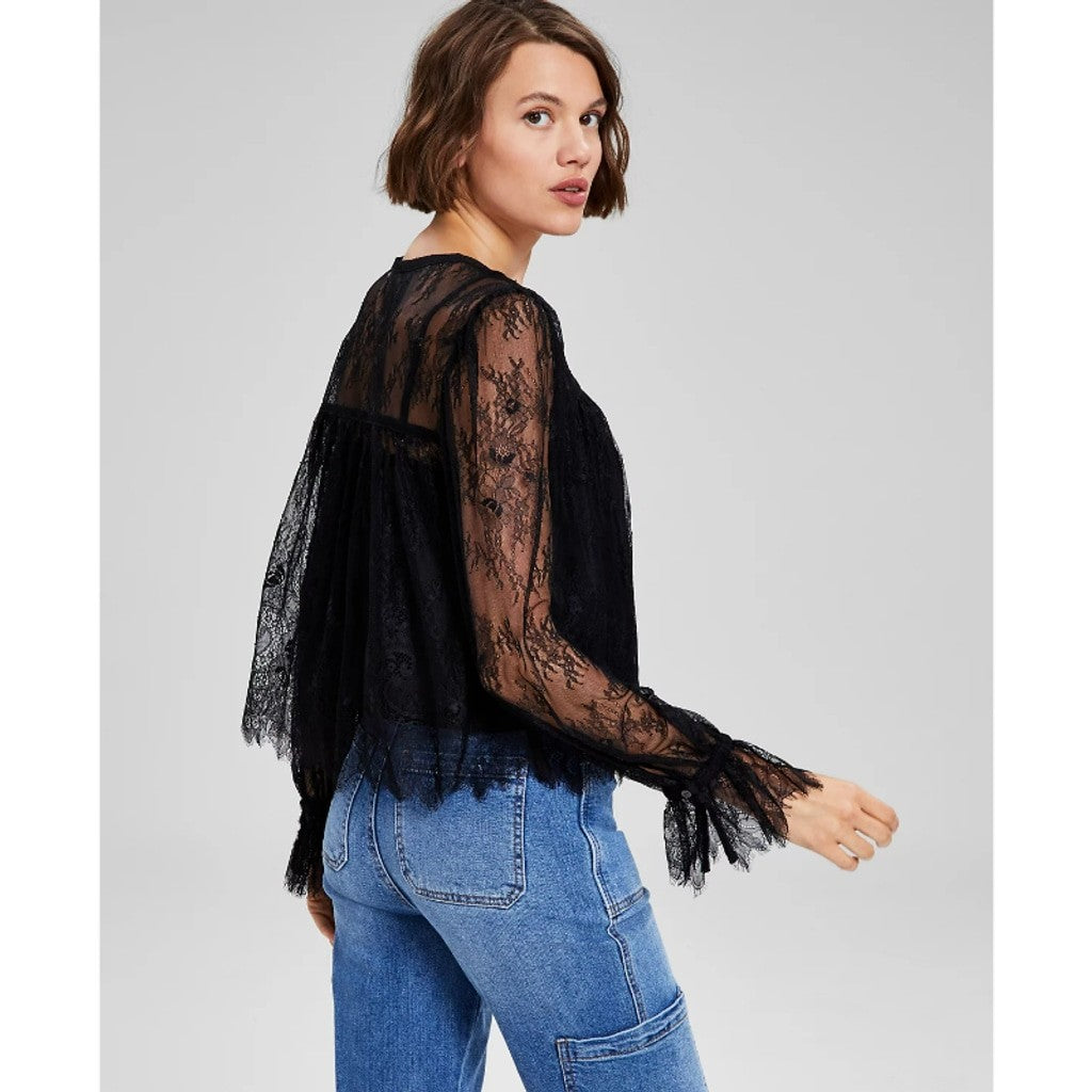 And Now This Women's Medium Black Lace V-Neck Button-Front Cropped Top NWT