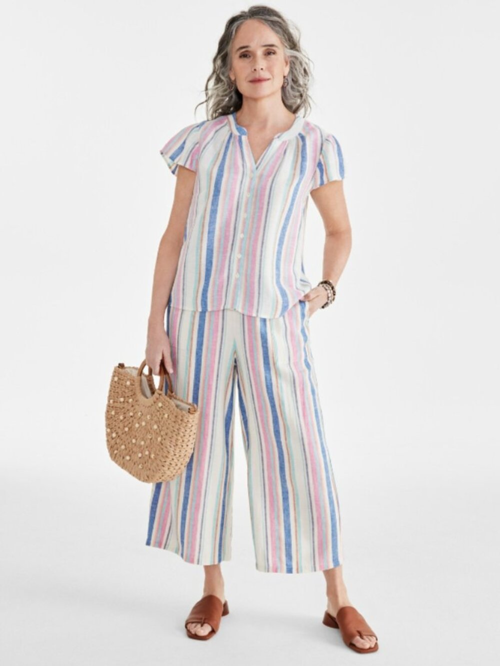 Style & Co Large Petite Linen-Blend Striped Flutter Sleeve Button Front Top NWT