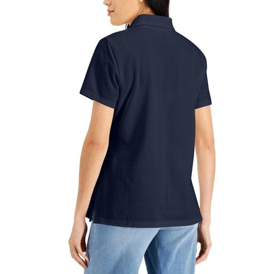 Karen Scott Women's Petite Navy Blue Knit Collared Cotton Polo Top NWT