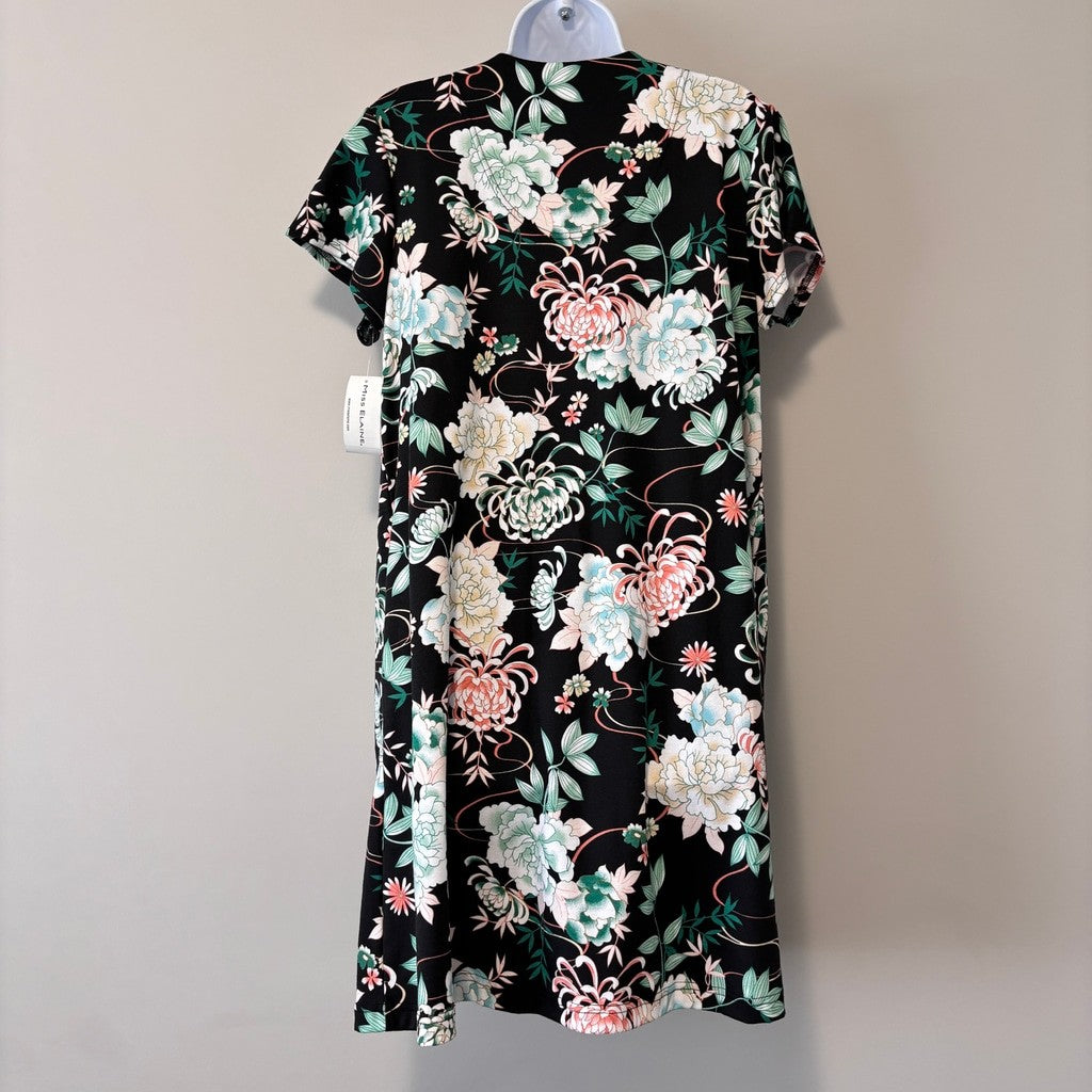 Miss Elaine Women's Black Floral Short-Sleeve Floral Snap Robe NWT