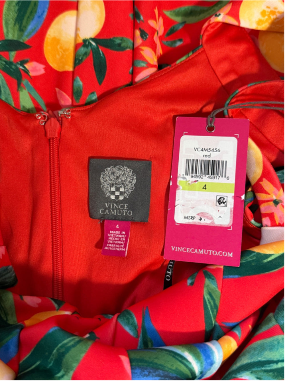 Vince Camuto Size 4 Citrus Print Red Scuba Crepe Halter Sleeveless Dress NWT