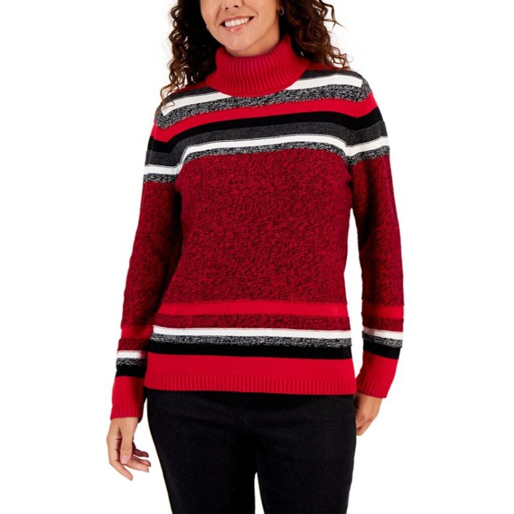 Karen Scott Petite Medium 100% Cotton Red & Black Printed Turtleneck Sweater NWT