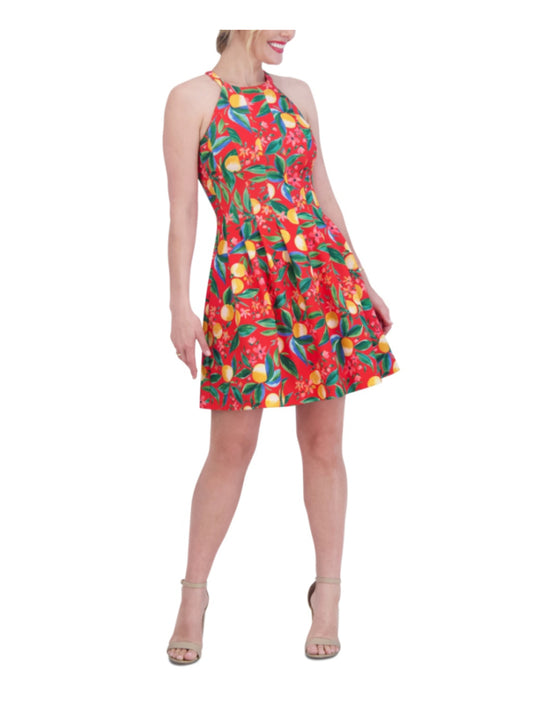 Vince Camuto Size 4 Citrus Print Red Scuba Crepe Halter Sleeveless Dress NWT
