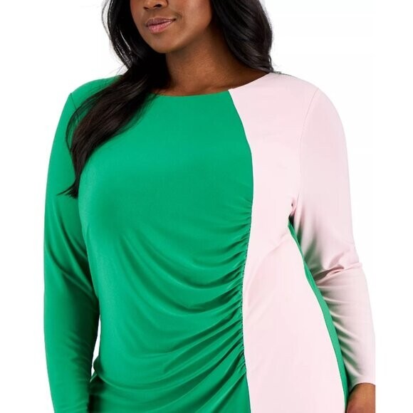 KASPER Plus Size Long-Sleeve Ruched Green & Pink Colorblocked Sheath Dress NWT
