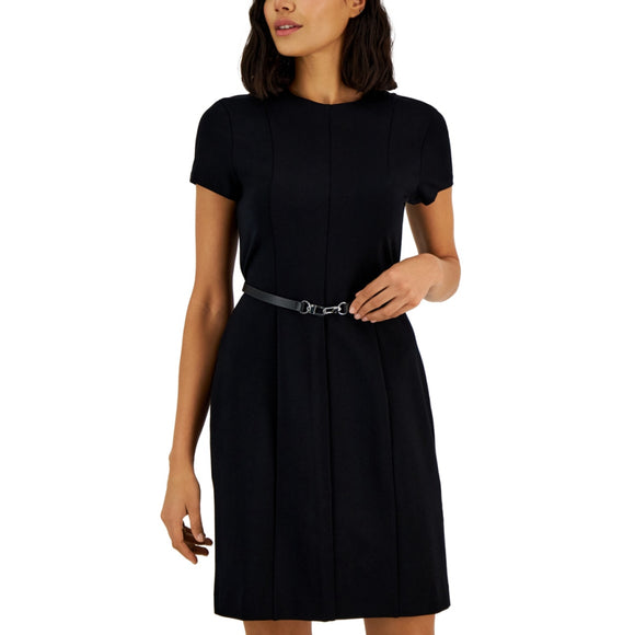 Alfani Women's Medium Petite Black Short-Sleeve Belted Dress NWT
