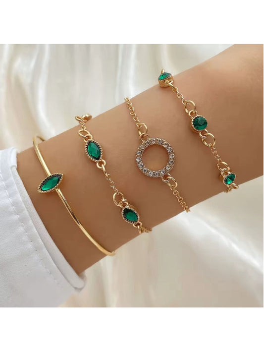 Green and Gold Coloured Bangle and Chain Bracelet Set w/ Crystals NWT