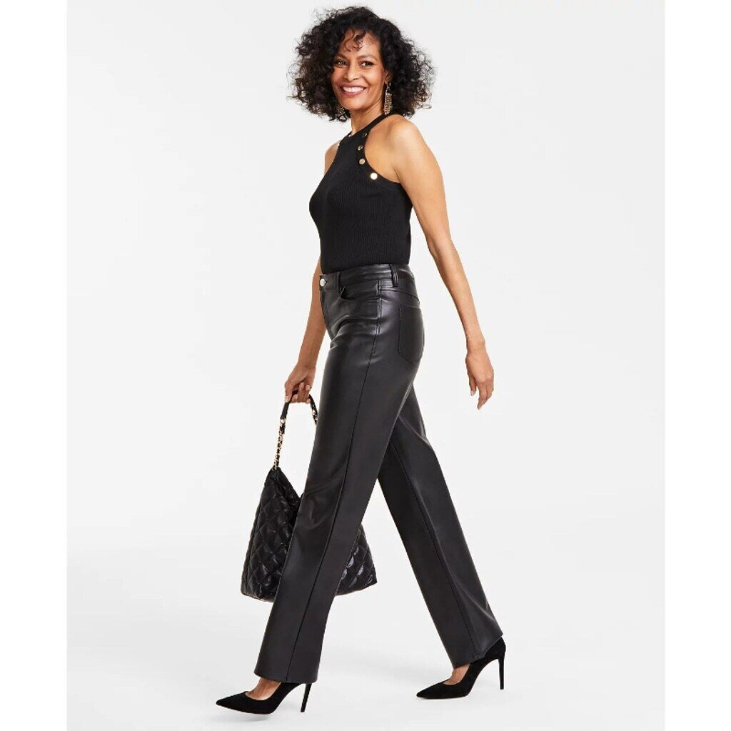 INC International Concepts Women's 6 Black Faux-Leather Straight-Leg Pants NWT