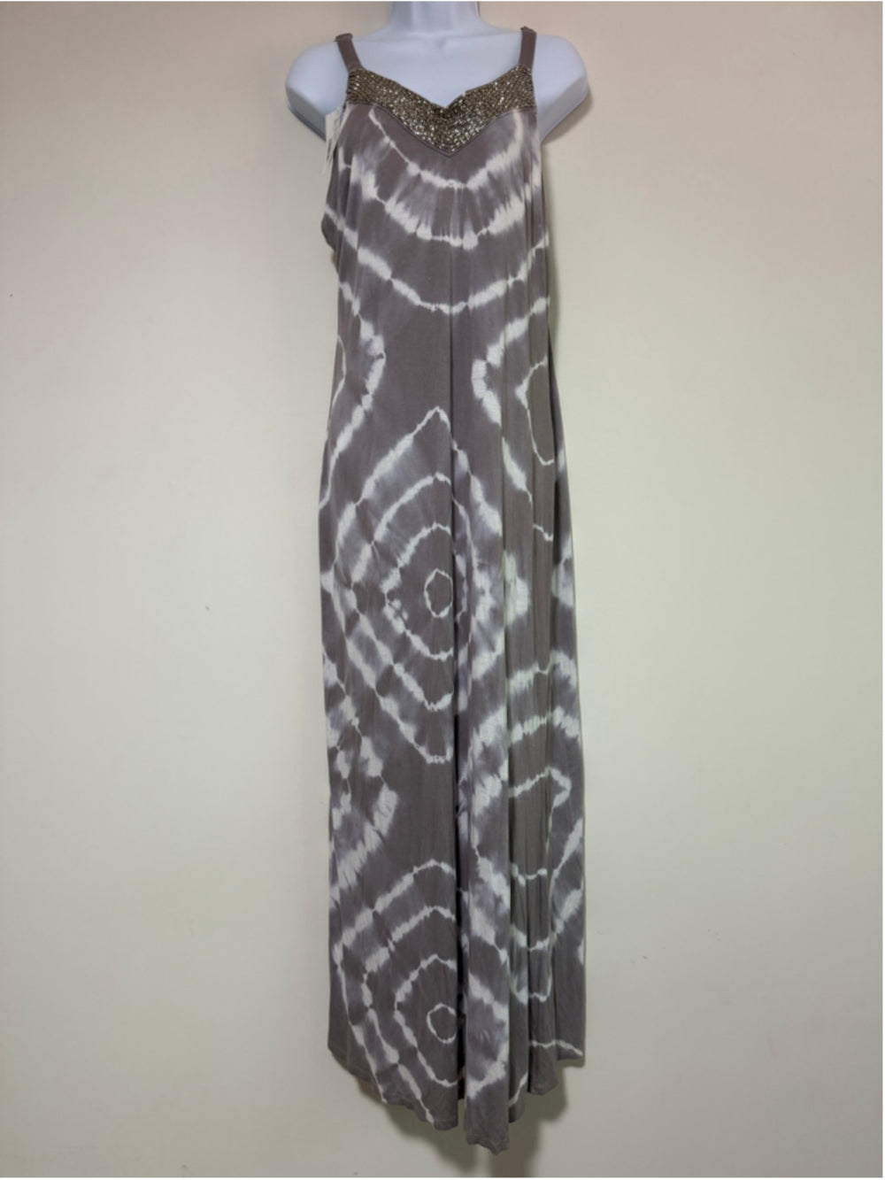 INC International Concepts Medium Beaded Tie-Dye Maxi Dress Gray & White NWT