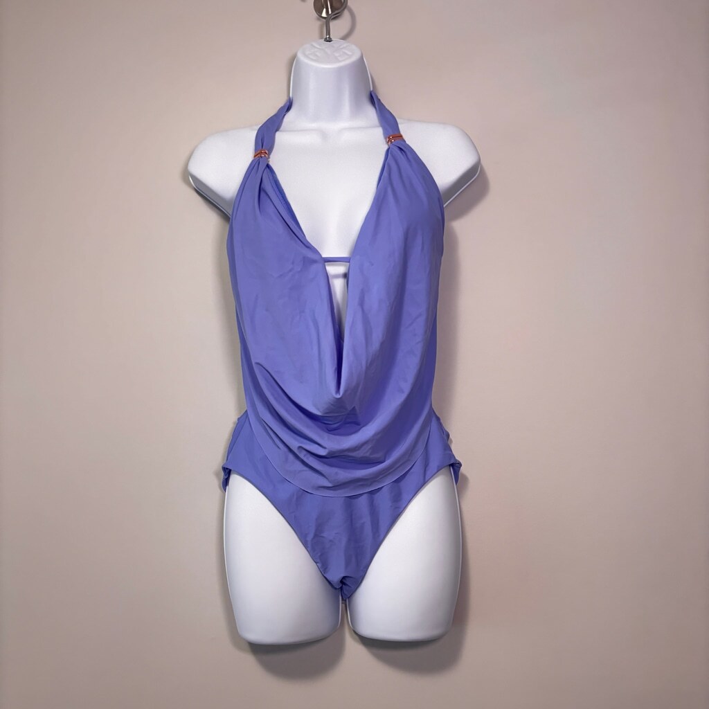 Bar III Women's Size Medium Blue Solid Cowlneck One-Piece Plunge Swimsuit NWT