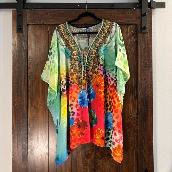 WHITE MARK Plus Size Short Bright and Colorful Caftan with Tie-Up Neckline NWT