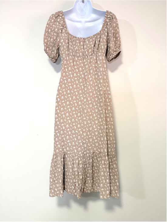 And Now This Extra Extra Small Beige & White Printed Puff-Sleeve Midi Dress NWT