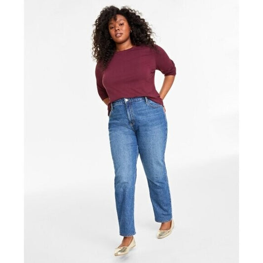 On 34th Plus Size Solid Dark Red Long-Sleeve Crewneck Knit Top NWT.