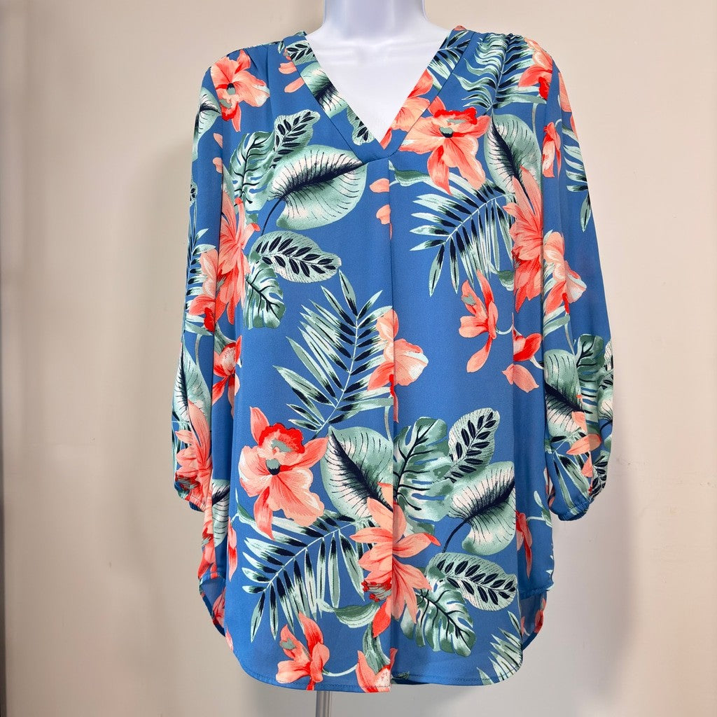 Jones New York Women's Small Blue & Floral Printed V-Neck Blouse NWT