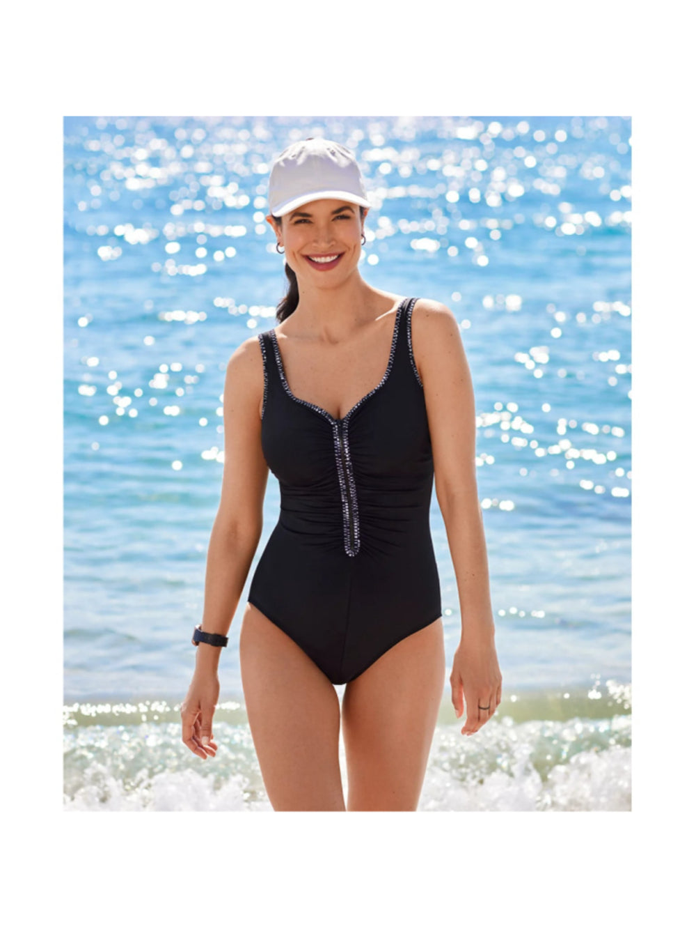 Swim Solutions Women's Size 8 Black Shirred Zip-Front One-Piece Swimsuit NWT
