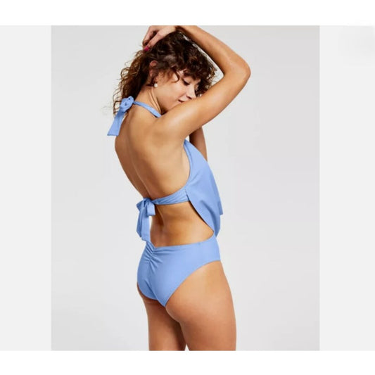 Bar III Women's Size Medium Blue Solid Cowlneck One-Piece Plunge Swimsuit NWT