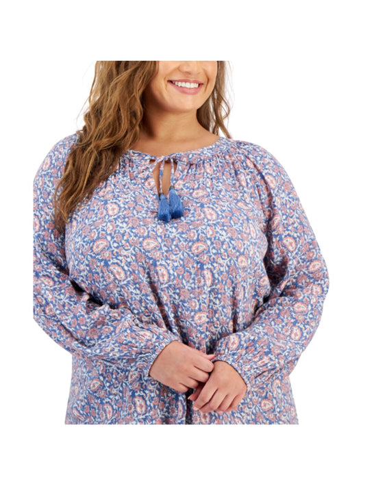 Style & Co. Plus Size 2X Blue & Pink Floral Peasant Blouse Tassel Tie NWT