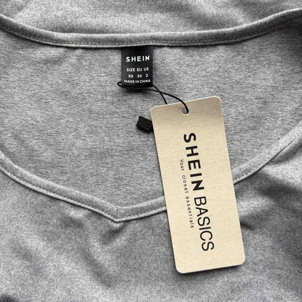 SHEIN Basics Women's Extra Small Gray Square Neck Slim Fit Tee Bodysuit NIB
