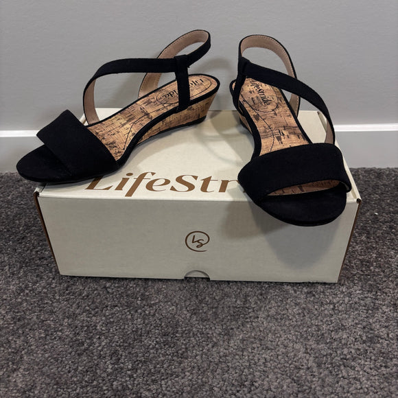 LifeStride Women's Size 6.5 Black Yasmine Strappy Wedge Sandals NIB