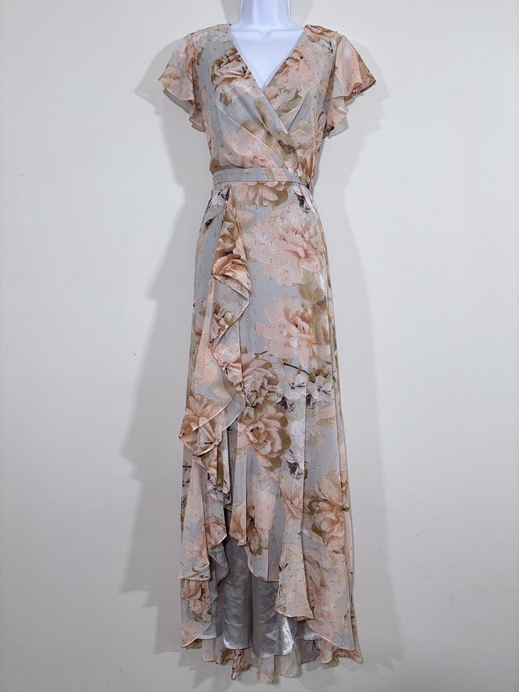 Calvin Klein Size 6 Floral Print Chiffon Ruffle Maxi Dress Formal Dress NWT