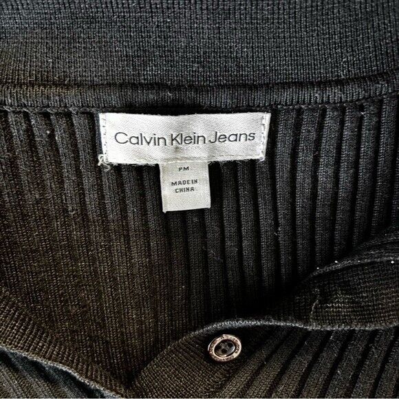 Calvin Klein Jeans Petite Medium Black Ribbed Polo Short Sleeve Shirt NWOT