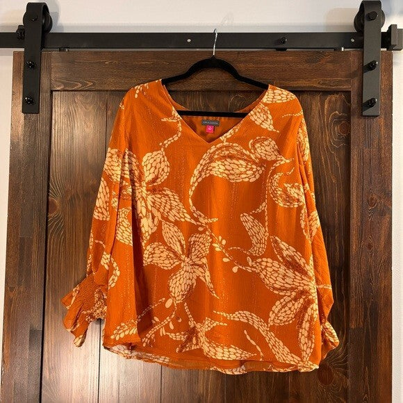 VINCE CAMUTO Plus Size 1X Orange Blouson-Sleeve Smocked-Cuff V-Neck Blouse NWT