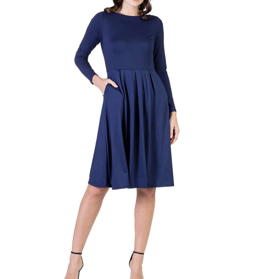 24Seven Comfort Women's Size Small Navy Blue Midi Fit & Flare Pocket Dress NWT