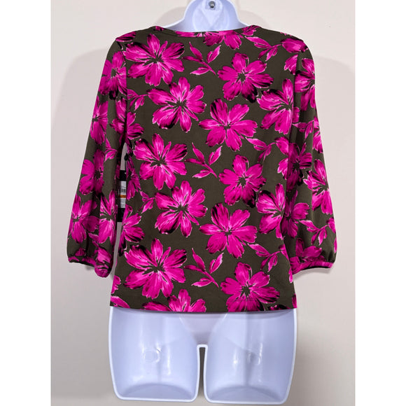 Jones New York Small Petite Pink Floral Printed Crewneck 3/4-Sleeve Top NWT