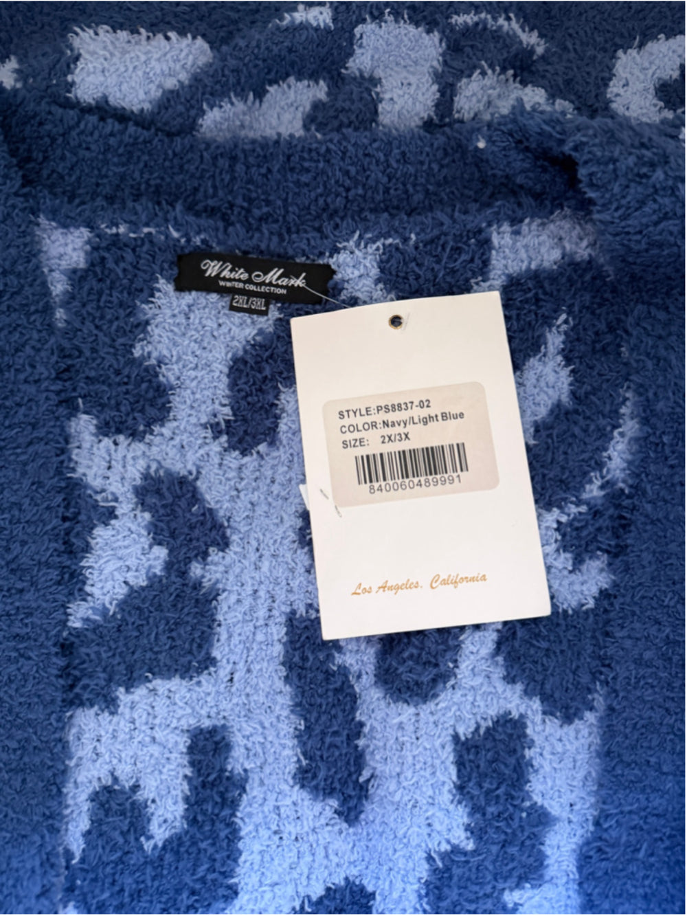 White Mark Plus Size 2X 2XL Plush Sherpa Blue Leopard Open-Front Sweater NWT
