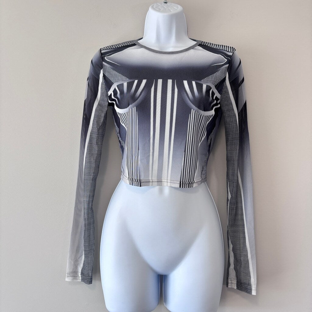 SHEIN ICON Women's Size S Gray Cyber Graphic Print Casual Sheer Crop Top NIB