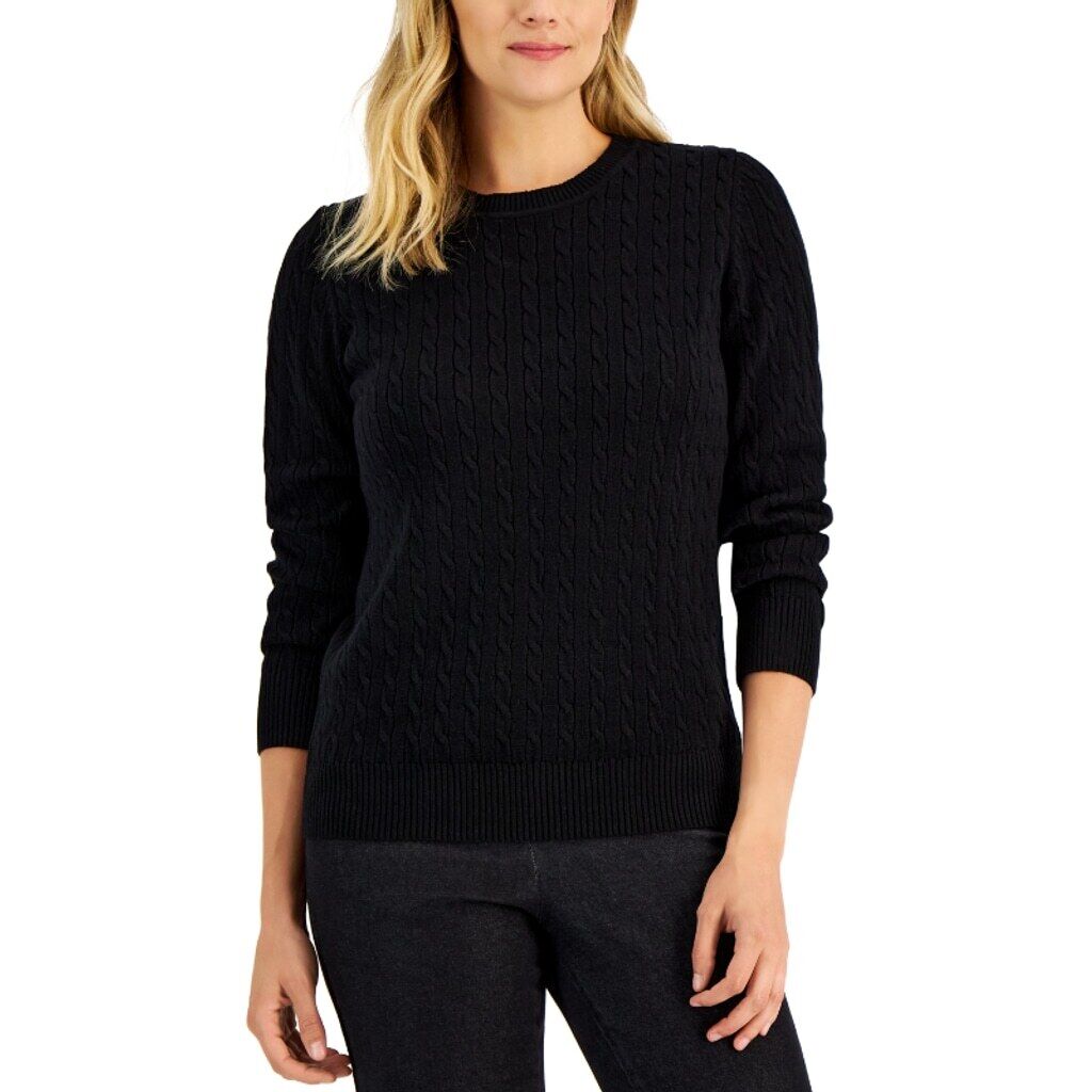 Karen Scott Women's Petite Medium 100% Cotton Black Cable-Knit Sweater NWT