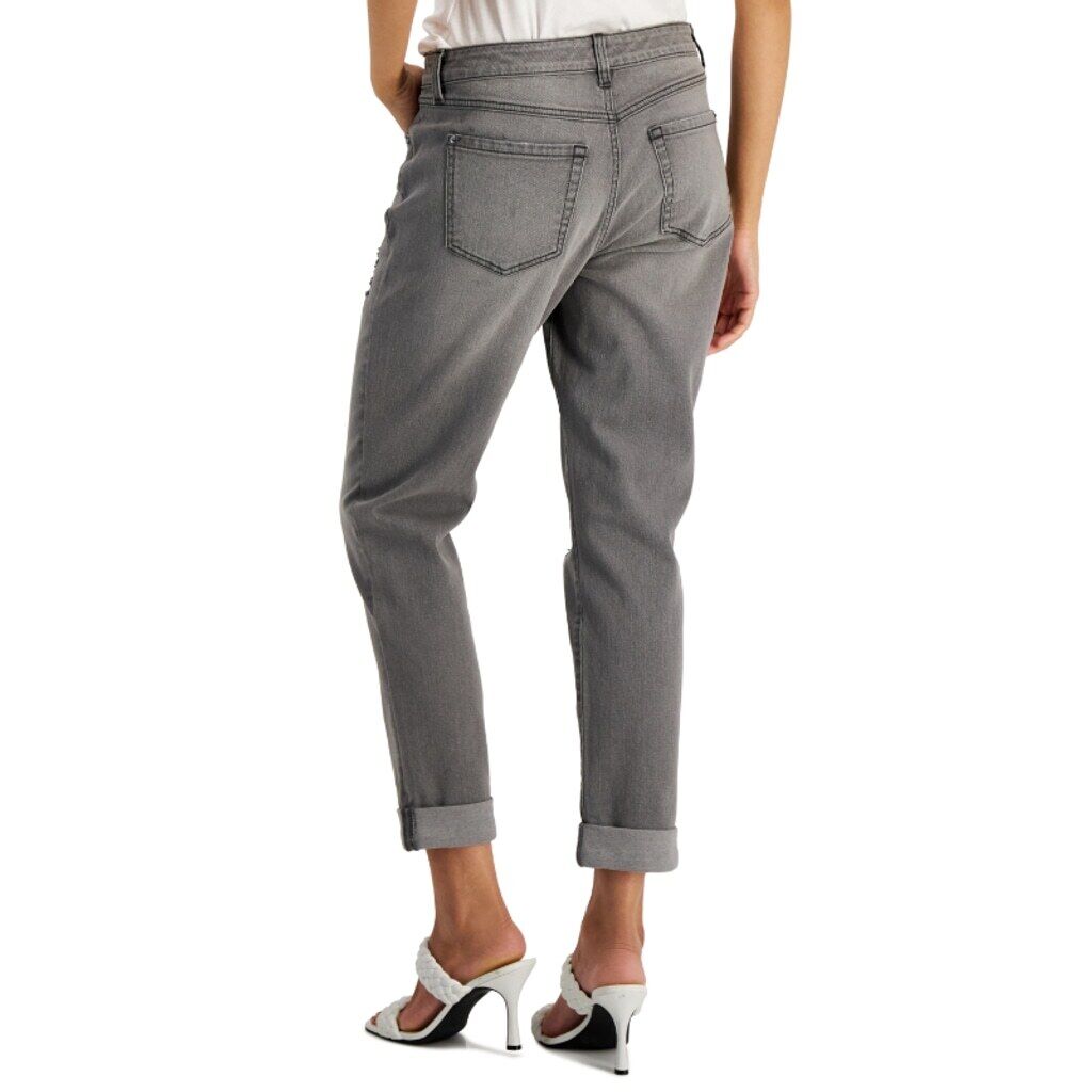 INC International Concepts Women's 2 Grey Mid Rise Ripped Straight-Leg Jeans NWT
