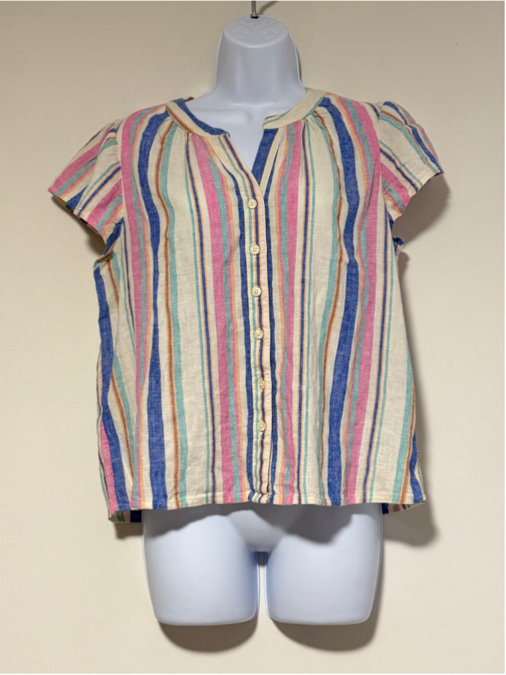 Style & Co Large Petite Linen-Blend Striped Flutter Sleeve Button Front Top NWT