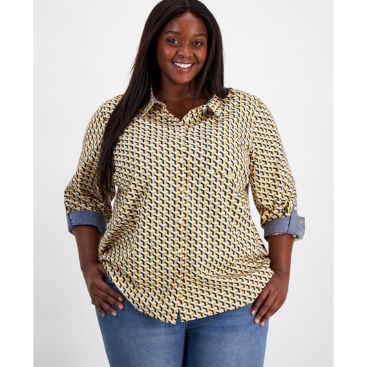 Tommy Hilfiger Plus Size 2X 100% Cotton Geometric Print Button Down Shirt NWT