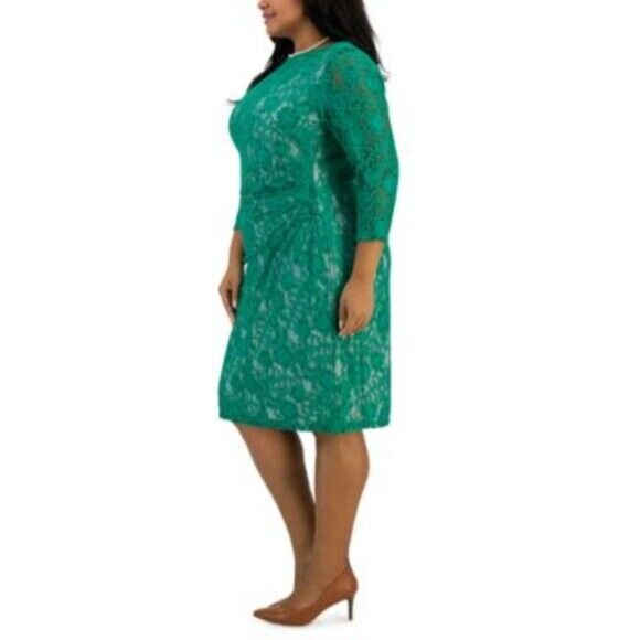 KASPER Plus Size Laurissa Green Lace over Pink Sheath Dress NWT