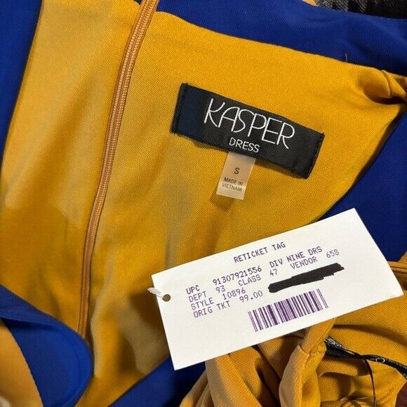 KASPER Colorblocked Blue and Gold Faux-Wrap Cap-Sleeve Dress NWT