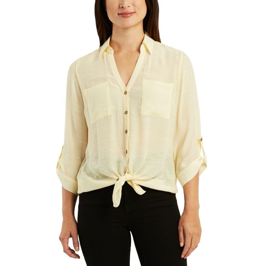 BCX Juniors' Size XS Yellow V-Neck Fold-Collar 3/4-Sleeve Utility Shirt NWT